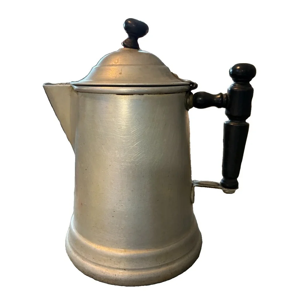 Vintage Aluminum Coffee Pot Hinged Lid Black Handle Strainer Spout Primitive
